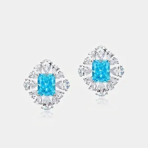 Luxury 925 Sterling Silver Aquamarine Zirconia Stud Earrings Flower Shape Ice Flower Cut Radiant Blue Gemstone Stud Earrings Jewelry