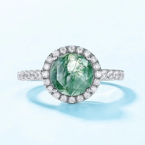 Natural moss agate ring in S925 sterling silver with halo sparkle setting for women