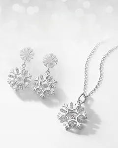 Detailed close-up of sparkling S925 sterling silver snowflake earrings and matching necklace set