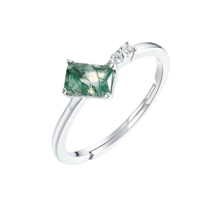 Anillo ajustable de plata S925 con ágata musgosa rectangular y detalles de circón