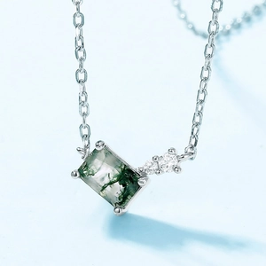 S925 silver necklace featuring rectangular green moss agate pendant with clear accent stones