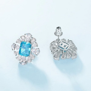 Ice cut light blue gem earrings with silver plated halo and square sapphire look