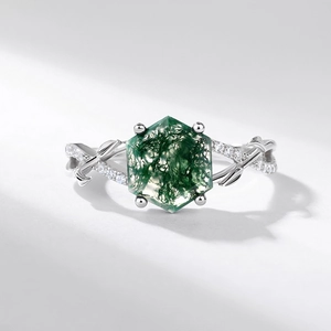 Hexagon green moss agate ring in 925 silver with leaf twisted band and white zircons