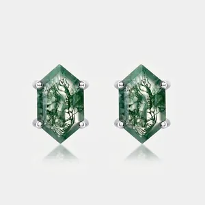 Natürliche Moosachat Sechseck Ohrstecker 925 Sterlingsilber Ohrstecker-Stift Elegante Geometrische Grüne Stein Ohrringe Für Damen Schmuck