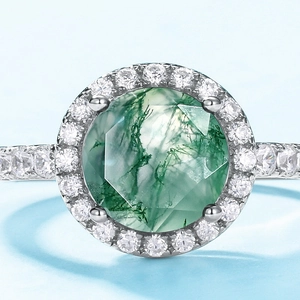 S925 silver ring with natural moss agate center stone and sparkling halo setting