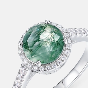 Natural green moss agate ring in S925 sterling silver with halo zirconia setting