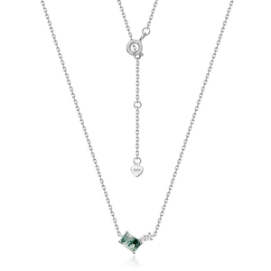 S925 sterling silver necklace with a rectangular green moss agate and white zircon pendant