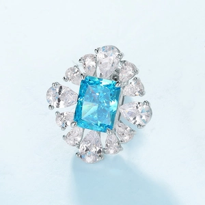 Luxurious S925 silver stud earrings with rectangle aquamarine and pear-cut diamonds