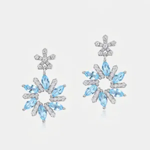 925 Sterling Silver Zirconia Snowflake Stud Earrings Sky Blue Marquise Cut Gemstone Inlaid Christmas Jewelry For Women