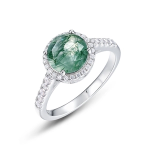 Natural green moss agate ring in S925 sterling silver with halo cubic zirconia setting