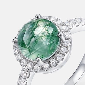S925 silver ring featuring round moss agate center stone and sparkling accent stones