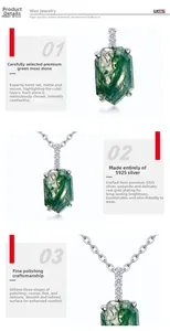 Macro detail of S925 sterling silver moss agate pendant with polished bezel setting