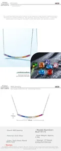 Detail of S925 sterling silver necklace showing 45mm curved rainbow zircon pendant