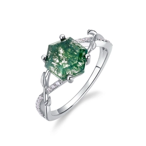 Hexagonal green moss agate ring in vine S925 sterling silver band with zircon accents