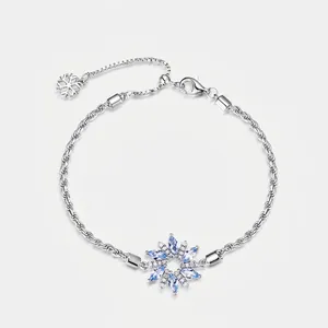 925 Sterling Silver Snowflake Bracelet Blue Zirconia Inlaid Adjustable Twisted Rope Chain Minimalist Jewelry Gift For Women