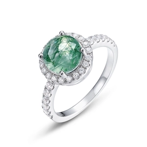 Elegant S925 silver ring featuring round moss agate surrounded by sparkling accent gems