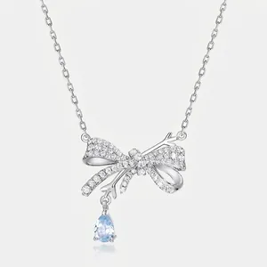 925 Sterling Silver Snowflake Bow-knot Sky Blue Topaz Necklace For Women Rhinestone Inlaid Clavicle Chain Elegant Jewelry Gift