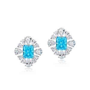 S925 silver flower stud earrings with ice cut aquamarine blue high carbon diamonds