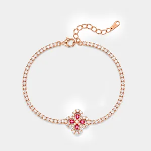 Bracciale in Argento Sterling S925 Con Rubino Creato in Laboratorio a Quadrifoglio per Donna Con Strass Elegante Catena Tennis