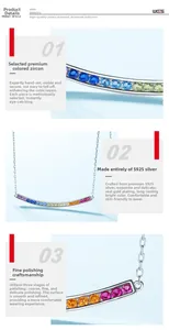 Macro detail of S925 silver rainbow necklace with hand-set colorful cubic zirconia stones
