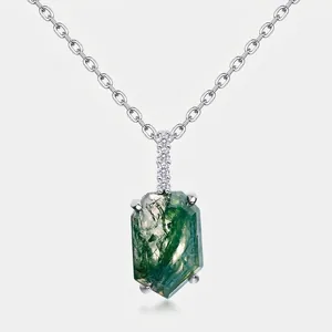 Hexagon Natural Moss Agate Pendant Necklace 925 Sterling Silver Rhinestone Geometric Clavicle Chain For Women Jewelry Gift