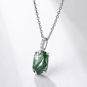Natural moss agate hexagon pendant in S925 sterling silver with a delicate link chain