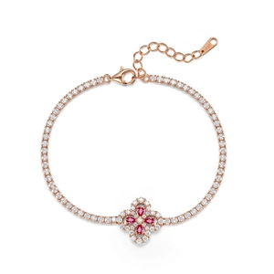Bracciale tennis in argento S925 oro rosa con quadrifoglio rosso e pietre preziose