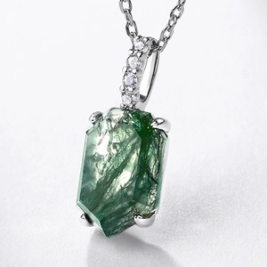 Geometric natural moss agate pendant with S925 sterling silver and zircon accents