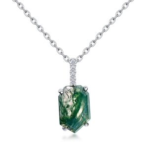 925 silver necklace with a green moss agate geometric pendant and zircon inlay