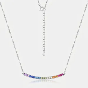 925 Sterling Silver Rainbow Zirconia Necklace For Women Curved Bar Pendant Simple Inlaid Sparkly Clavicle Chain Jewelry