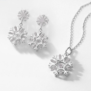 Sparkling S925 sterling silver snowflake earrings and necklace set with zircon stones