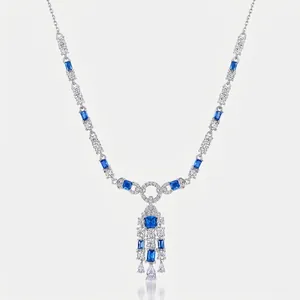 925 Sterling Silver Blue Spinel Tassel Pendant Necklace For Women Luxury Rectangular Gemstone Zirconia Clavicle Chain Jewelry