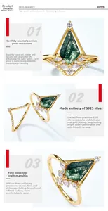 Detail van een ringenset met mosagaat in vliegerslijpvorm en verguld S925 zilver