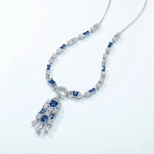 Luxurious S925 silver necklace with blue rectangular gemstones and sparkling tassels