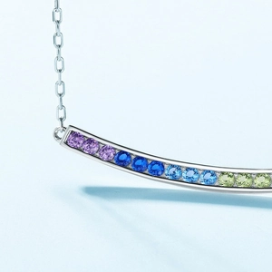 Rainbow gradient cubic zirconia curved bar pendant necklace in S925 sterling silver