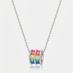 925 Sterlingsilber Regenbogen Zirkonia Zylinder Anhänger Halskette Für Damen Weißgold Vergoldet Geometrisch Mode Schmuck Schlüsselbein Kette