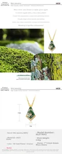Détail du pendentif en agate mousse losange en argent S925 avec tableau des dimensions