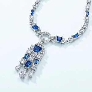Luxurious S925 silver fringe necklace featuring deep blue rectangular gemstone pendants