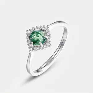 925 Sterling Silver Natural Moss Agate Open Ring For Women Geometric Hexagon Zirconia Inlaid Vintage Adjustable Jewelry Finger Ring