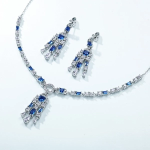 Luxurious S925 silver necklace and earrings set with blue pear-cut carbon diamonds