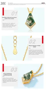 Vues détaillées du pendentif en agate mousse en argent S925 avec placage or et poinçon