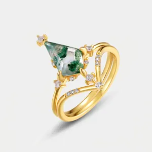 Ensemble de Bagues en Argent Sterling 925 Agate Mousse pour Femme Taille Cerf-volant Strass Plaqué Or Bijoux