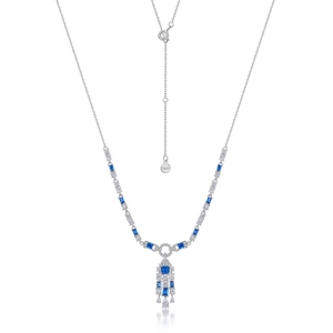 S925 silver fringe necklace with ice-cut blue carbon diamonds and white cubic zirconia