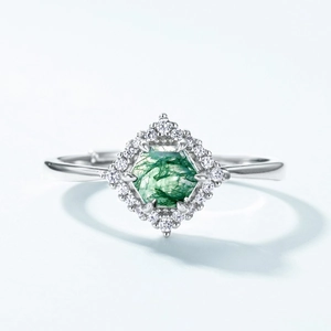 S925 silver open ring with hexagon natural moss agate and sparkling diamond halo