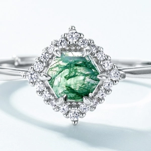 Natural green moss agate ring in S925 sterling silver with hexagon gem and halo diamonds
