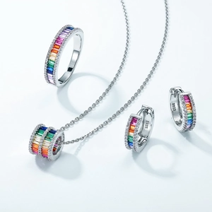 S925 Sterling Silber Regenbogen Schmuckset mit Baguette-Edelsteinen und Halskette