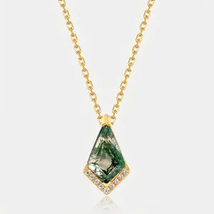 Collier Pendentif en Agate Mousse Naturelle Argent Sterling 925 Plaqué Or Forme Cerf-Volant Bijoux Géométriques Femme