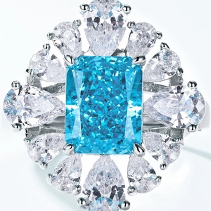 Octagonal aquamarine carbon diamond S925 silver ring with radiant floral cluster setting