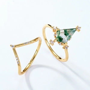 Ensemble de bagues en argent S925 avec agate mousse verte et pierres étincelantes
