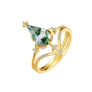 Bague en agate mousse taille cerf-volant avec double anneau en V et éclats de zircon